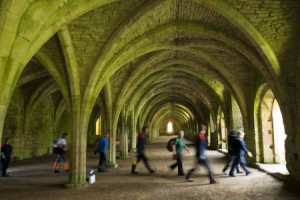 Participants on a Touchwood National Trust Working Holiday, walking through the Cellarium at Fountains Abbey, North Yorkshire