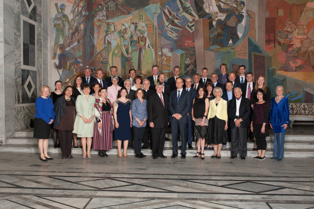 Group photo of the 2015 winners and representatives from the European Commission and Europa Nostra before the European Heritage Awards Ceremony at Oslo City Hall on 11 June 2015. Photo: Espen Sturlason