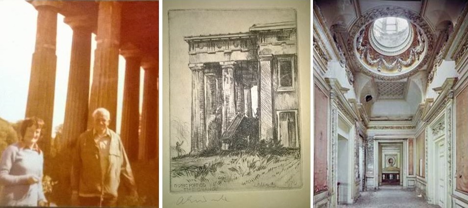 My mother at the Grange in the mid-1970s; an etching from 1970 showing its farm use and the Gallery in 1970 with the wonderful cupola